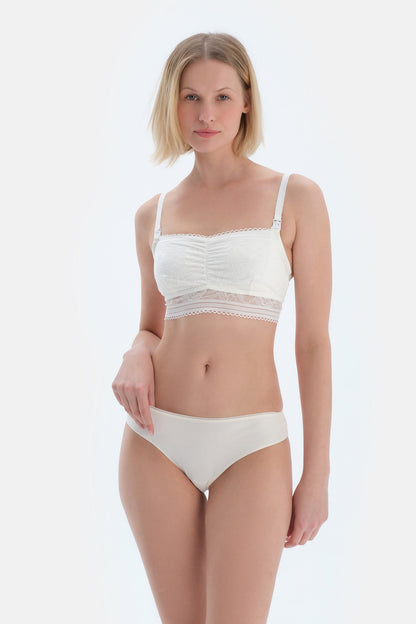 Ekru Dantelli Bandeu Emzirme Sütyeni