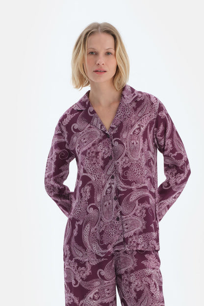 Mürdüm Şal Desenli Dokuma Gömlek