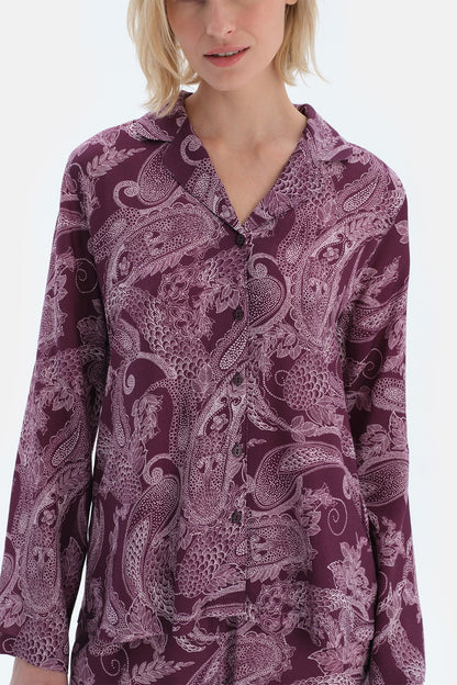 Mürdüm Şal Desenli Dokuma Gömlek