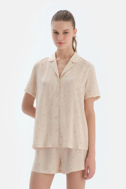 Ekru Çıtır Çiçek Desenli Dokuma Gömlek