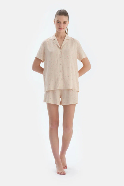 Ekru Çıtır Çiçek Desenli Dokuma Gömlek