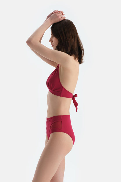 Bordo Tül Detaylı Yüksek Bel Bikini Alt