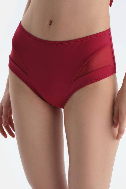 Bordo Tül Detaylı Yüksek Bel Bikini Alt