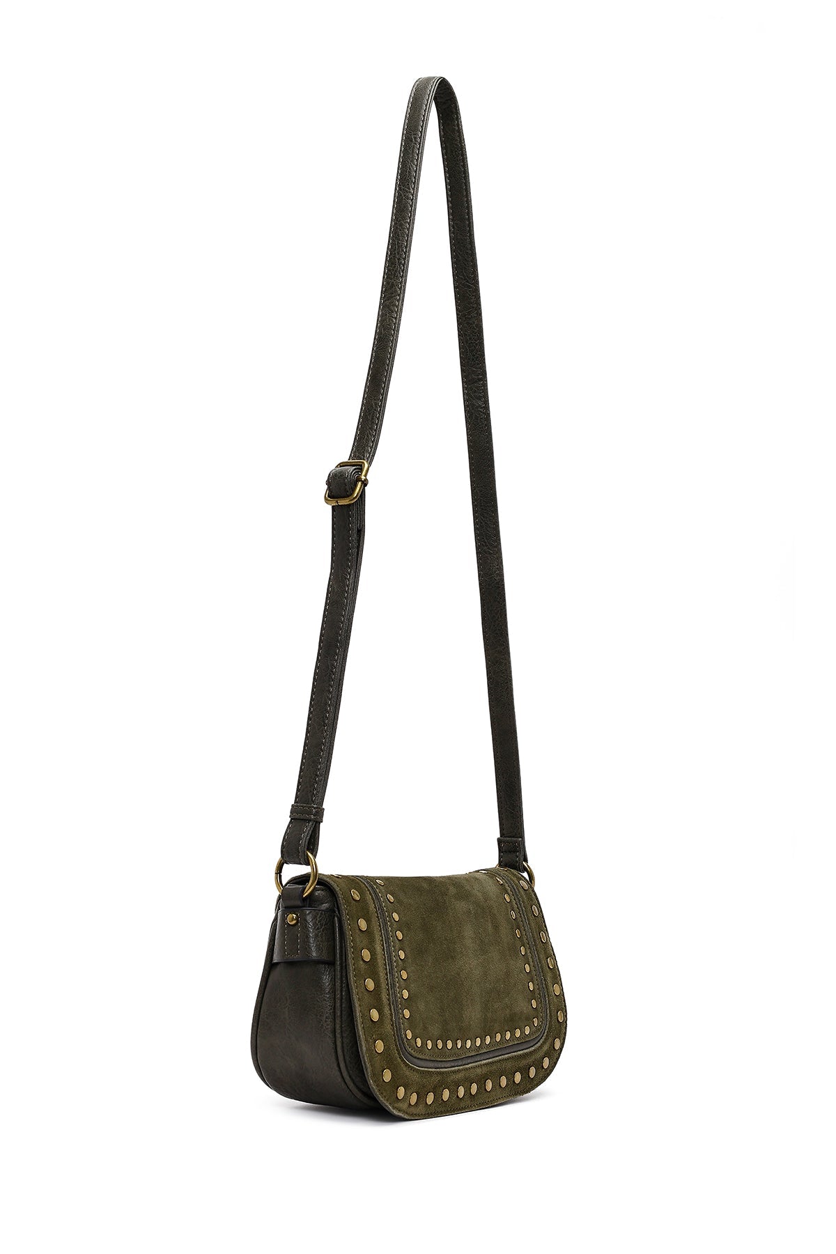 Kadın Haki Uzun Askılı Zımbalı Süet Çapraz Çanta