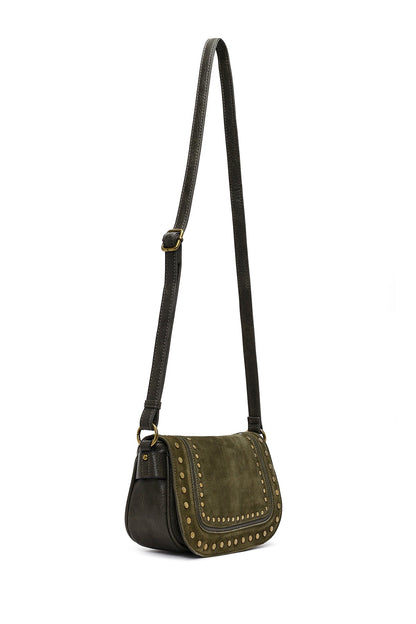 Kadın Haki Uzun Askılı Zımbalı Süet Çapraz Çanta