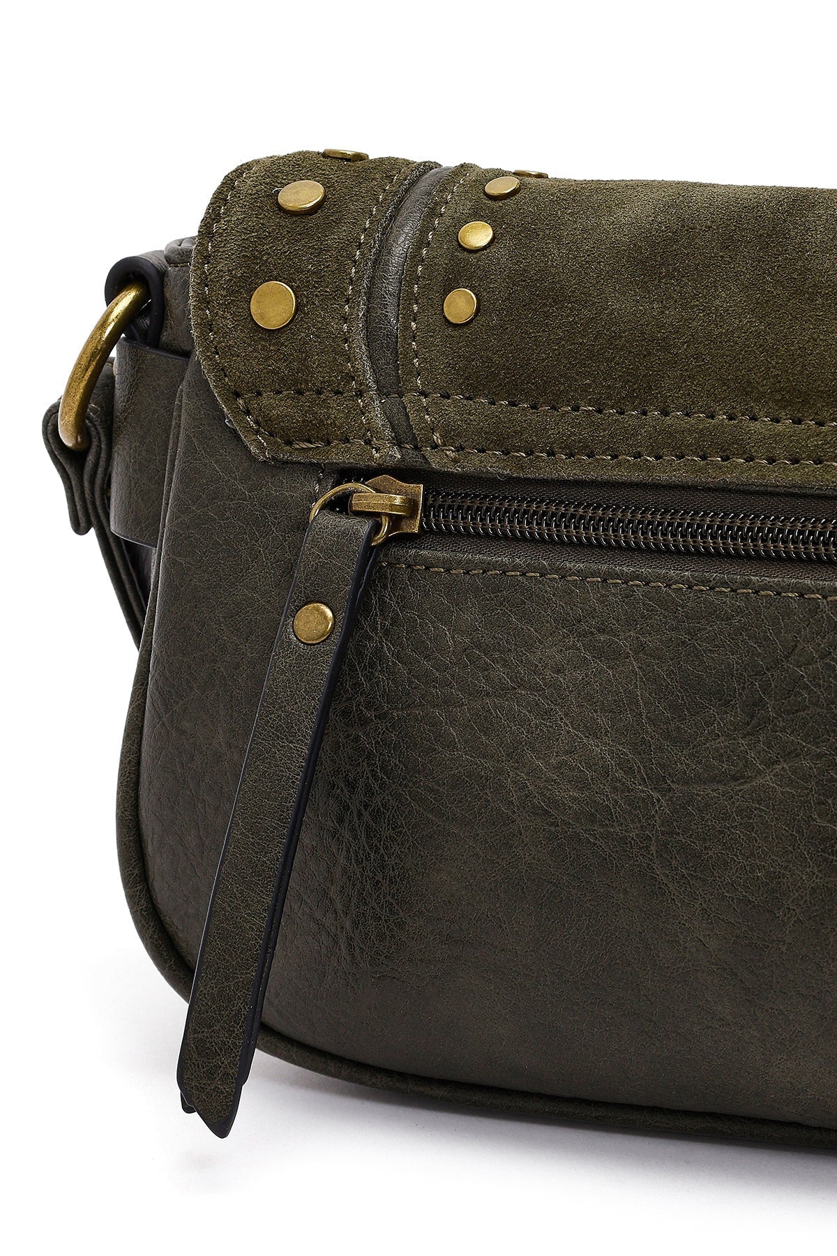 Kadın Haki Uzun Askılı Zımbalı Süet Çapraz Çanta