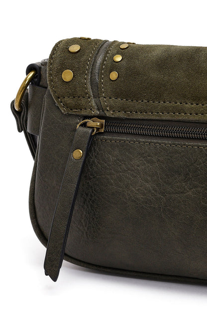 Kadın Haki Uzun Askılı Zımbalı Süet Çapraz Çanta