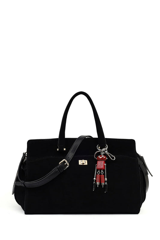 Kadın Siyah Uzun Askılı Aksesuarlı Süet Kol Çantası