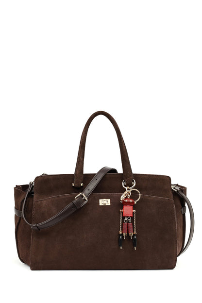 Kadın Kahverengi Uzun Askılı Aksesuarlı Süet Kol Çantası