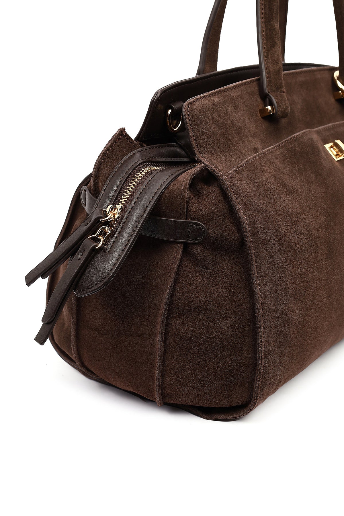 Kadın Kahverengi Uzun Askılı Aksesuarlı Süet Kol Çantası