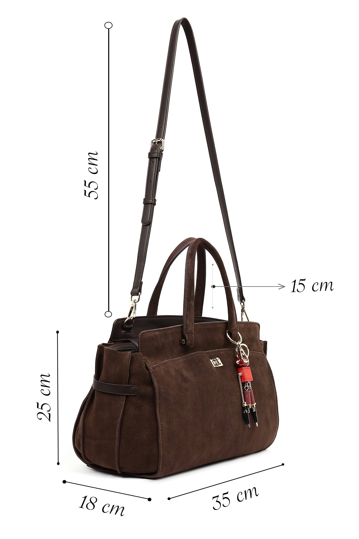 Kadın Kahverengi Uzun Askılı Aksesuarlı Süet Kol Çantası