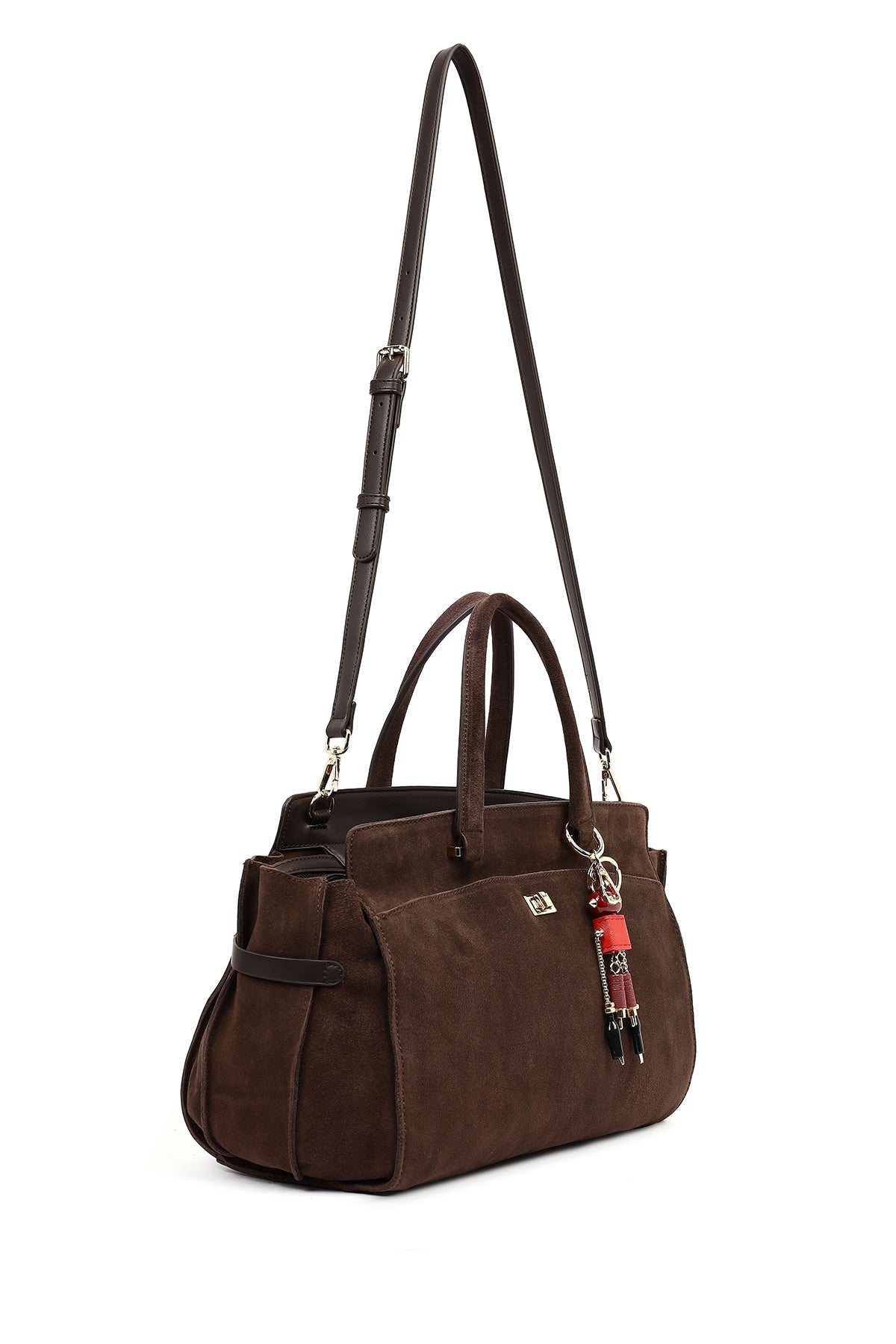 Kadın Kahverengi Uzun Askılı Aksesuarlı Süet Kol Çantası