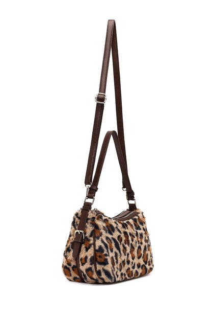 Kadın Leopar Uzun Askılı Peluş Omuz Çantası
