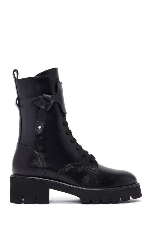 Kadın Siyah Fermuarlı Kalın Tabanlı Deri Postal Bot