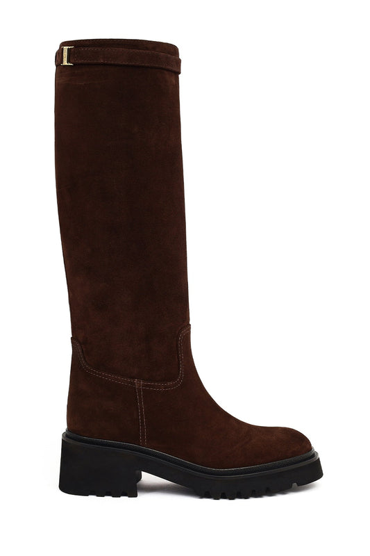 Kadın Kahverengi Fermuarlı Kalın Tabanlı Süet Deri Çizme