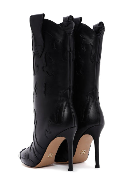 Kadın Siyah Desenli Ince Topuklu Deri Çizme