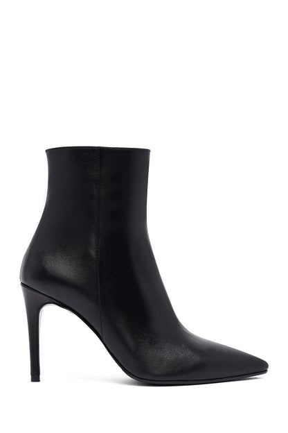 Kadın Siyah Fermuarlı Yüksek Ince Topuklu Deri Bot