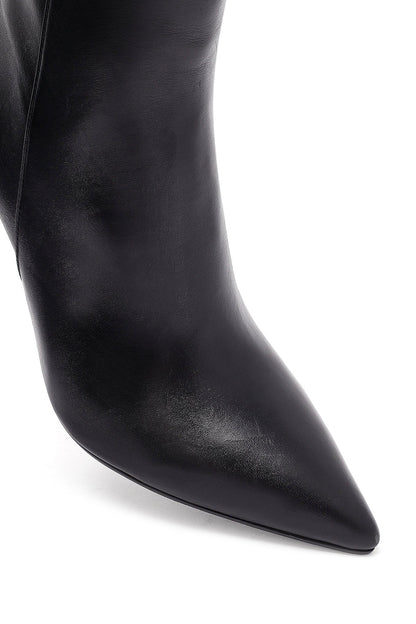Kadın Siyah Fermuarlı Yüksek Ince Topuklu Deri Bot