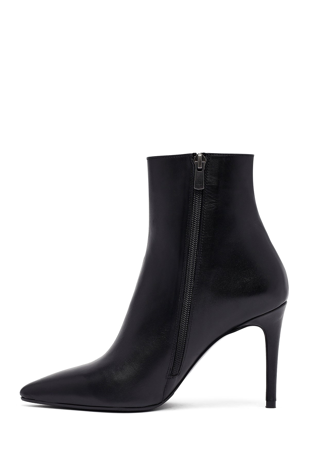 Kadın Siyah Fermuarlı Yüksek Ince Topuklu Deri Bot
