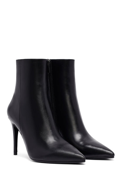 Kadın Siyah Fermuarlı Yüksek Ince Topuklu Deri Bot