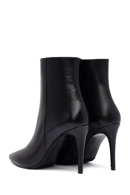 Kadın Siyah Fermuarlı Yüksek Ince Topuklu Deri Bot