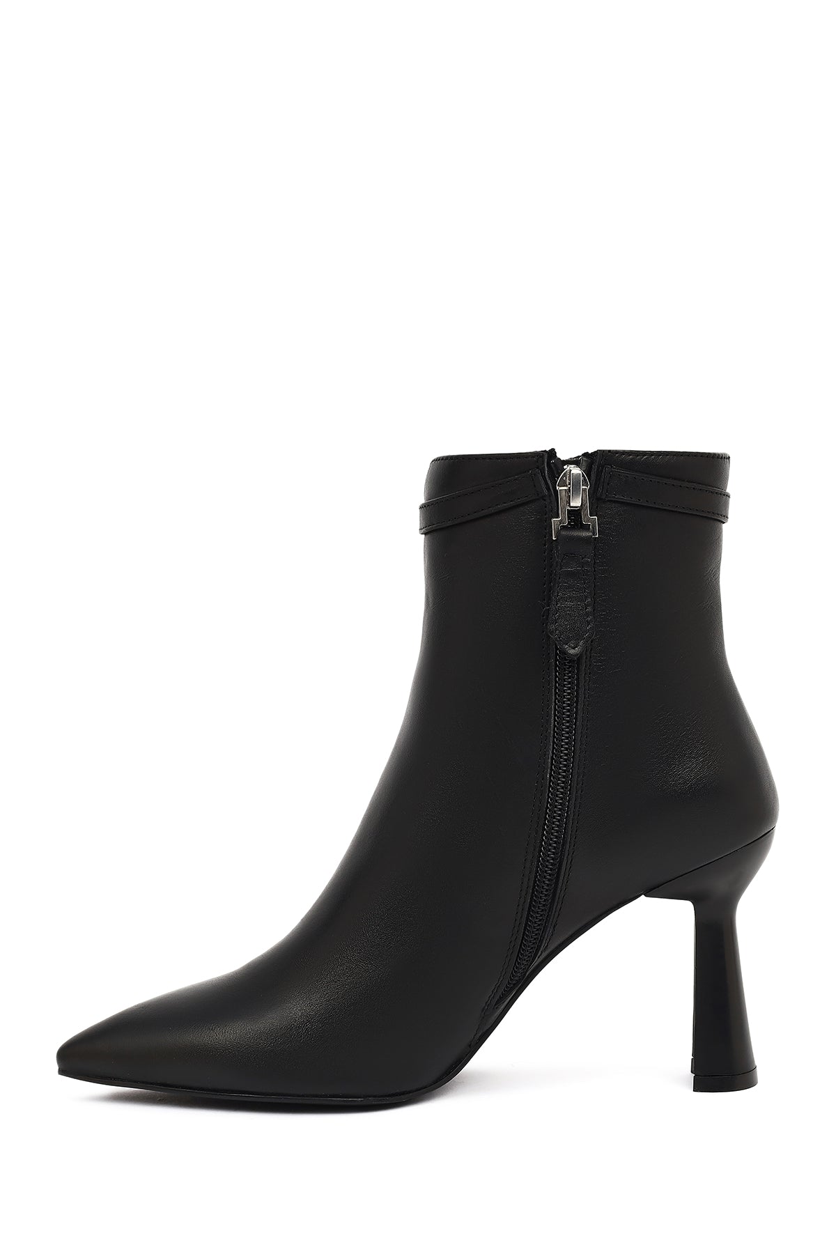 Kadın Siyah Fermuarlı Topuklu Deri Bot