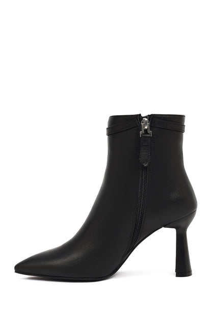 Kadın Siyah Fermuarlı Topuklu Deri Bot
