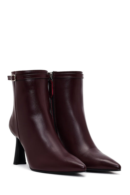 Kadın Bordo Fermuarlı Topuklu Deri Bot