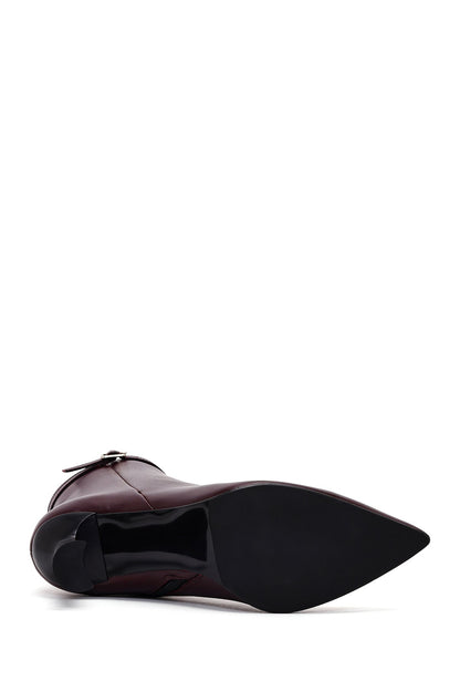 Kadın Bordo Fermuarlı Topuklu Deri Bot