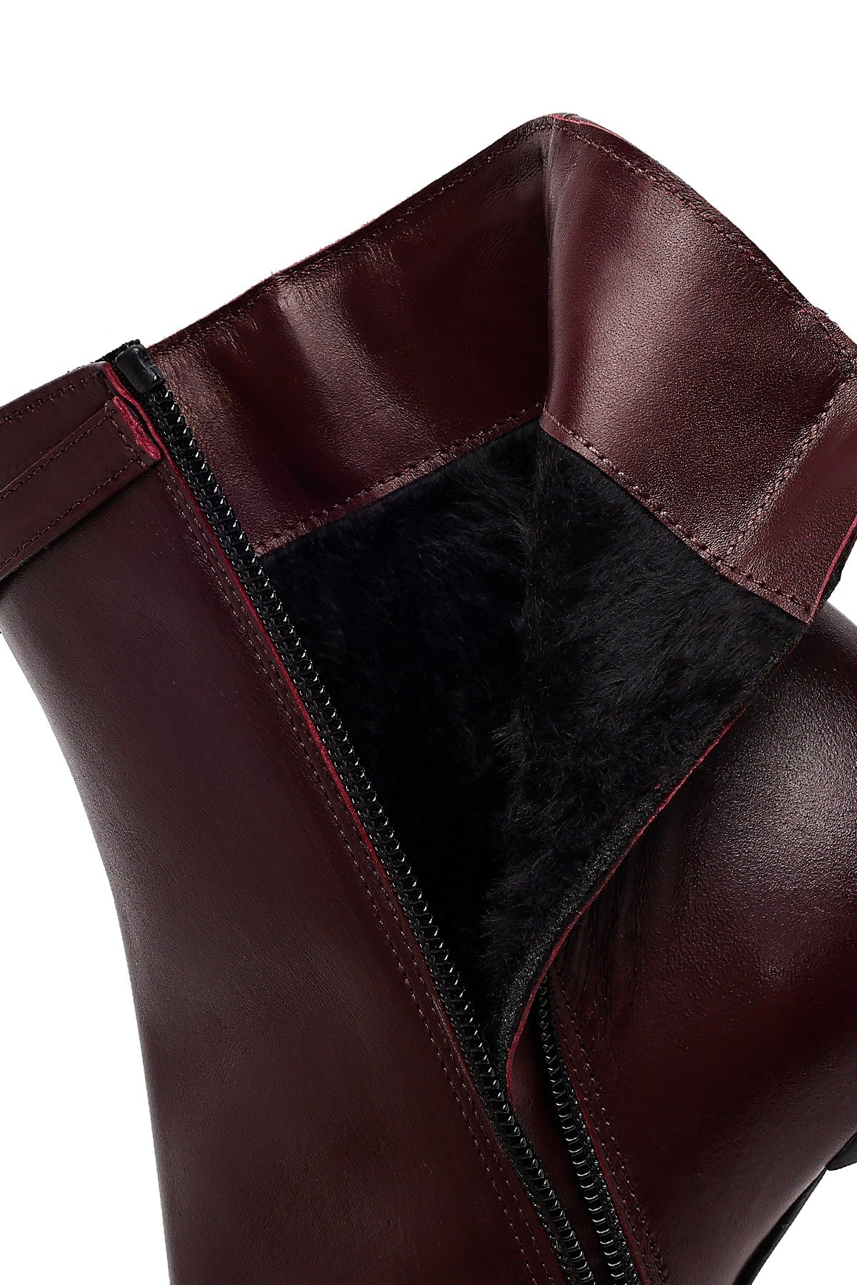 Kadın Bordo Fermuarlı Topuklu Deri Bot