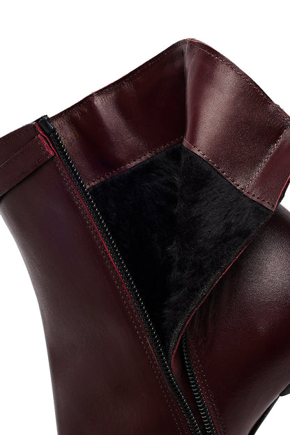 Kadın Bordo Fermuarlı Topuklu Deri Bot