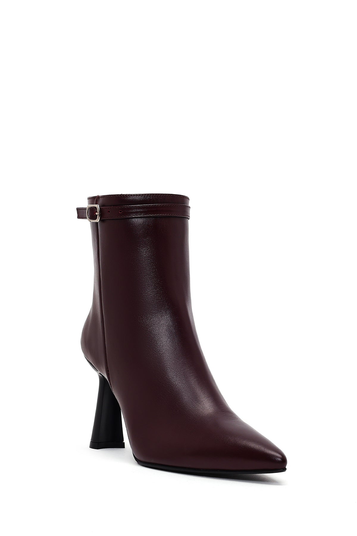 Kadın Bordo Fermuarlı Topuklu Deri Bot