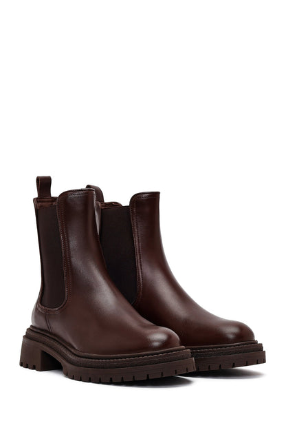 Kadın Kahverengi Kalın Tabanlı Deri Chelsea Bot