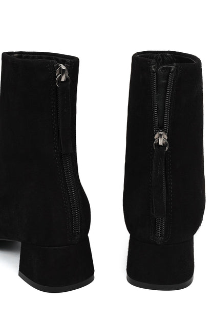 Kadın Siyah Fermuarlı Kısa Kalın Topuklu Süet Deri Bot