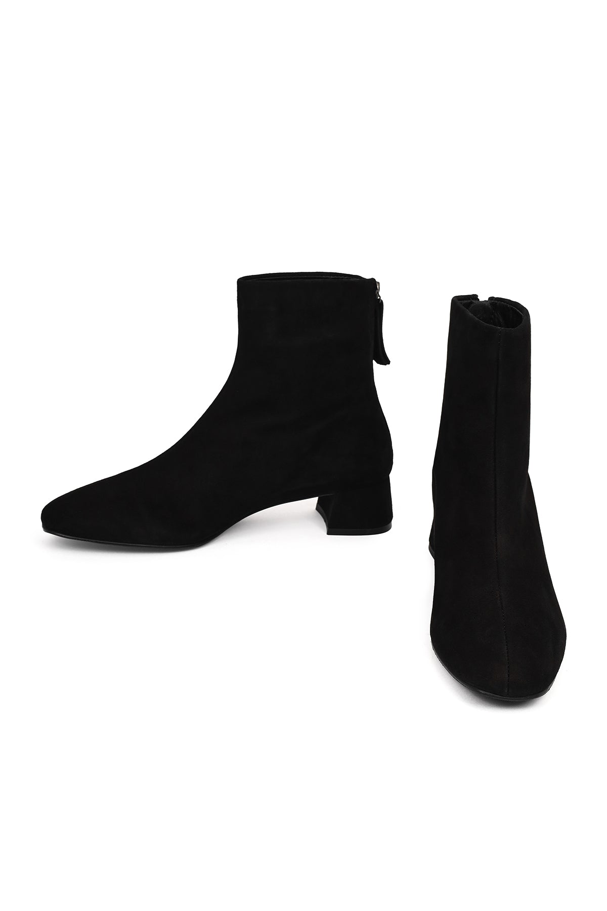 Kadın Siyah Fermuarlı Kısa Kalın Topuklu Süet Deri Bot