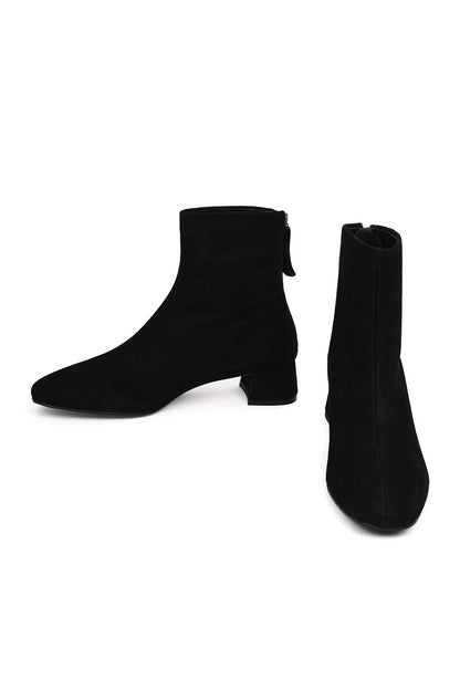 Kadın Siyah Fermuarlı Kısa Kalın Topuklu Süet Deri Bot