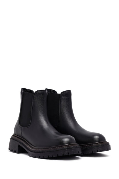Kadın Siyah Kalın Tabanlı Deri Chelsea Bot