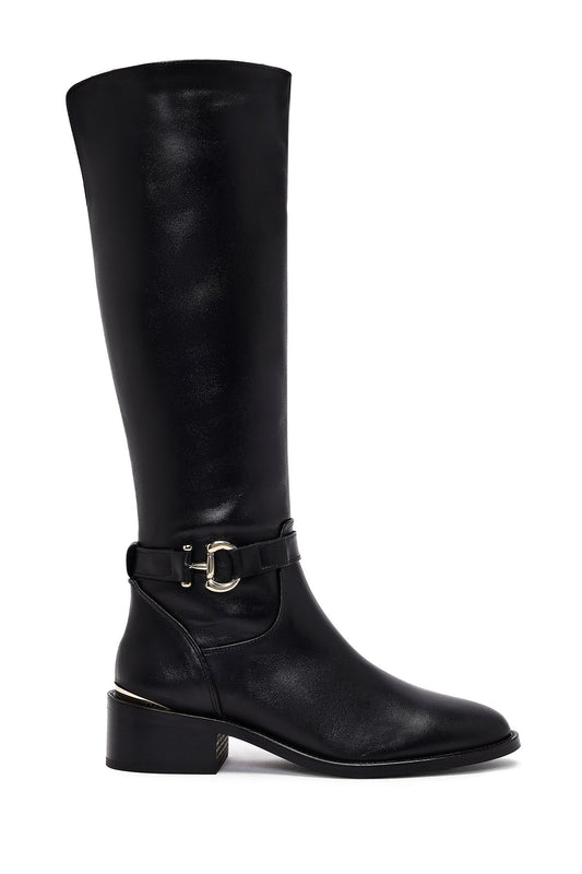Kadın Siyah Fermuarlı Deri Çizme