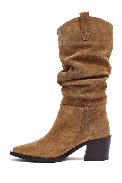 Kadın Vizon Kalın Topuklu Süet Deri Kovboy Çizme