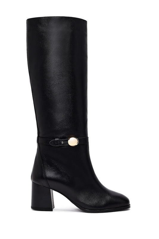 Kadın Siyah Kalın Topuklu Deri Çizme