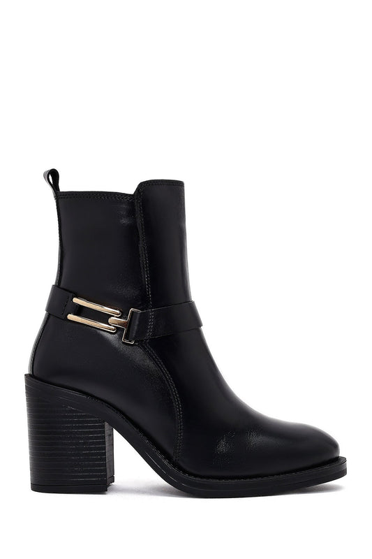 Kadın Siyah Tokalı Kalın Topuklu Deri Bot