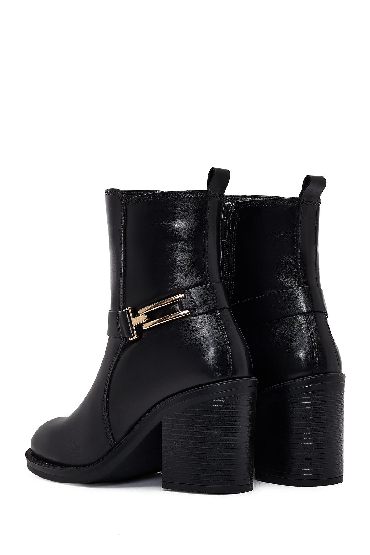 Kadın Siyah Tokalı Kalın Topuklu Deri Bot