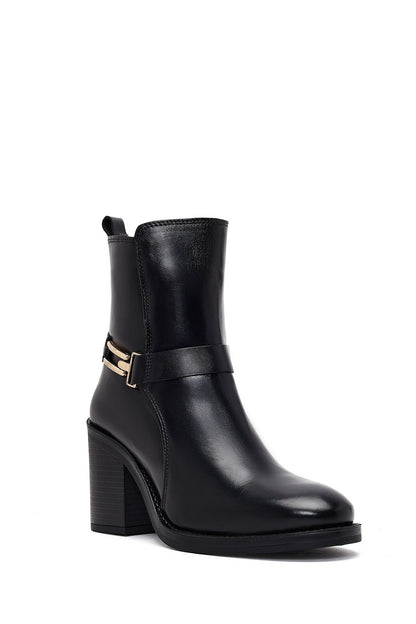 Kadın Siyah Tokalı Kalın Topuklu Deri Bot