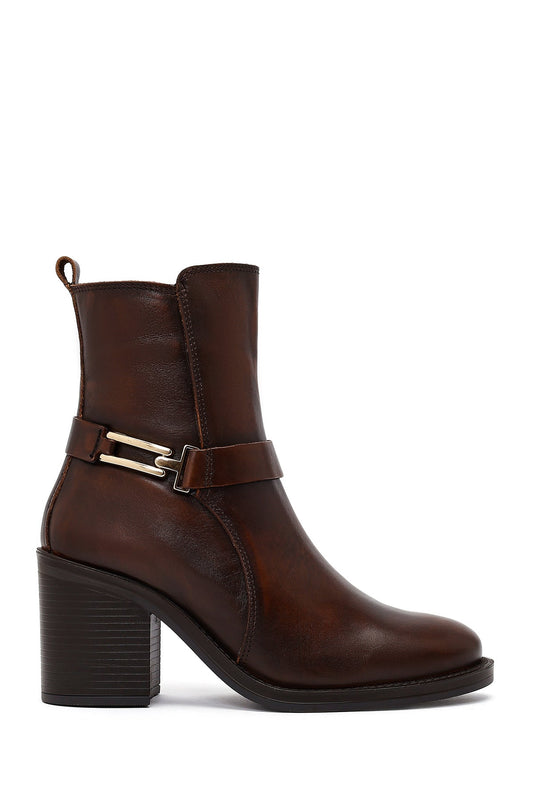 Kadın Kahverengi Tokalı Kalın Topuklu Deri Bot