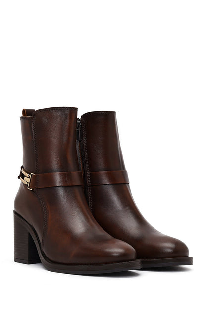 Kadın Kahverengi Tokalı Kalın Topuklu Deri Bot