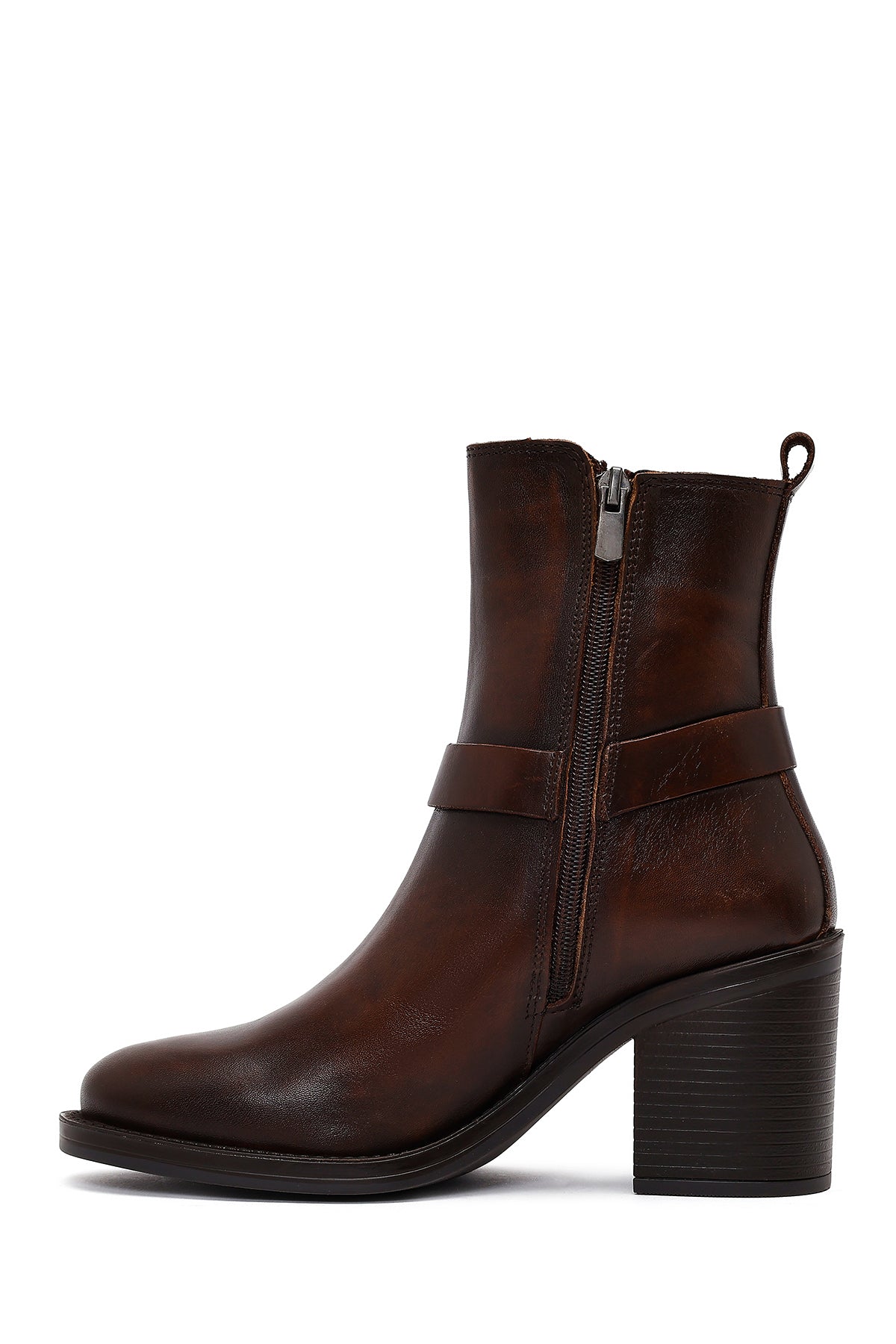 Kadın Kahverengi Tokalı Kalın Topuklu Deri Bot