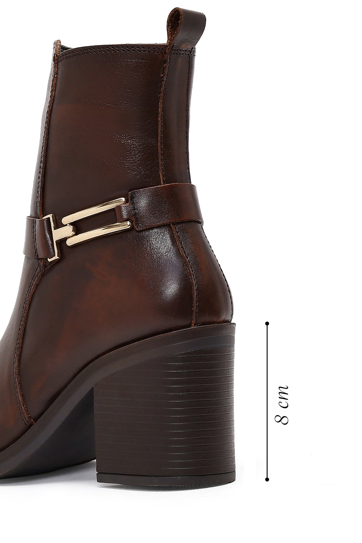 Kadın Kahverengi Tokalı Kalın Topuklu Deri Bot