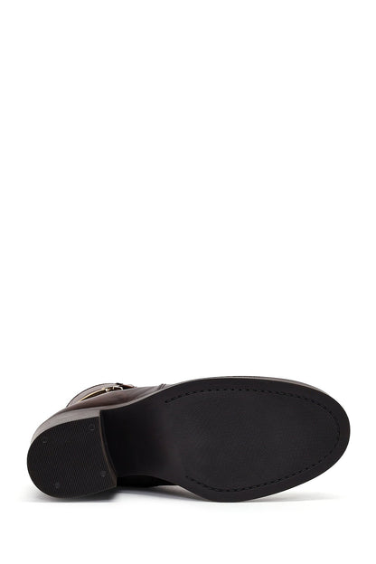 Kadın Kahverengi Tokalı Kalın Topuklu Deri Bot