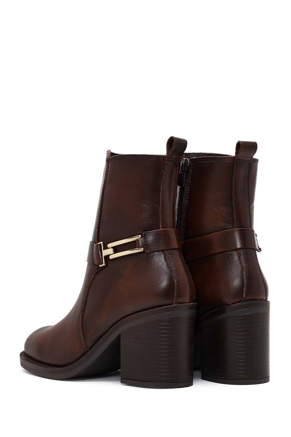 Kadın Kahverengi Tokalı Kalın Topuklu Deri Bot