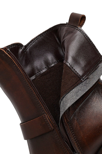 Kadın Kahverengi Tokalı Kalın Topuklu Deri Bot